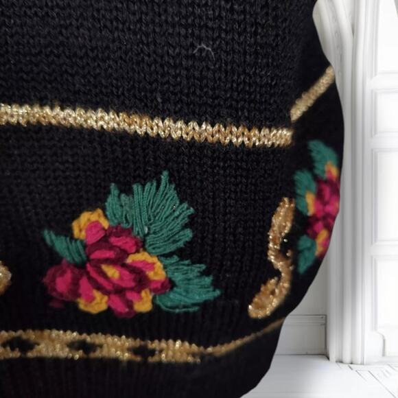 Vintage 80s Carole Little Embellished Wool Sweater M Black Rainbow Art to Wear - Picture 11 of 13